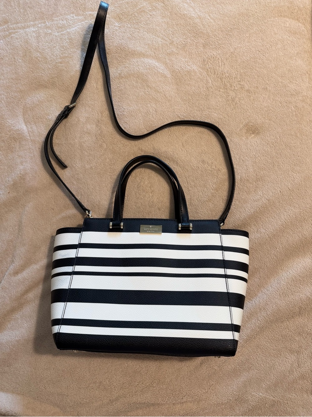kate spade Black and White Striped Leather Satchel with Crossbody Strap